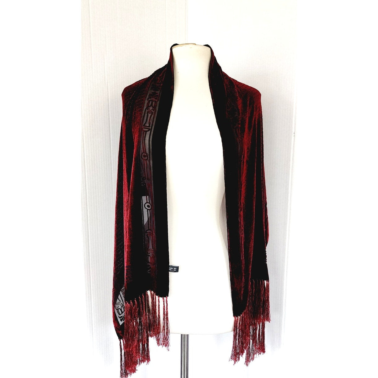 Vintage 90s Burnout Velvet Scarf Burgundy Red Velvet Fringed