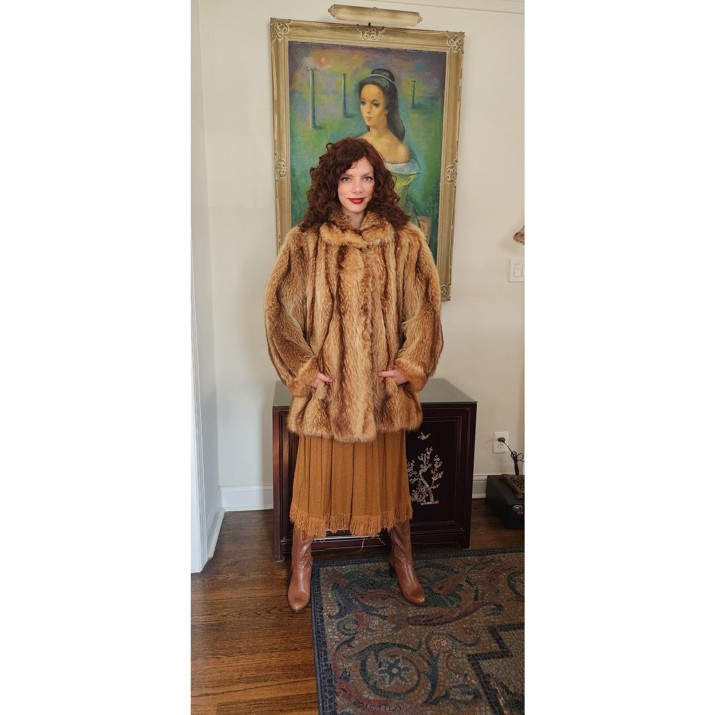 Vintage 70s Fox Fur Coat Hip Length Stripe Pattern / L
