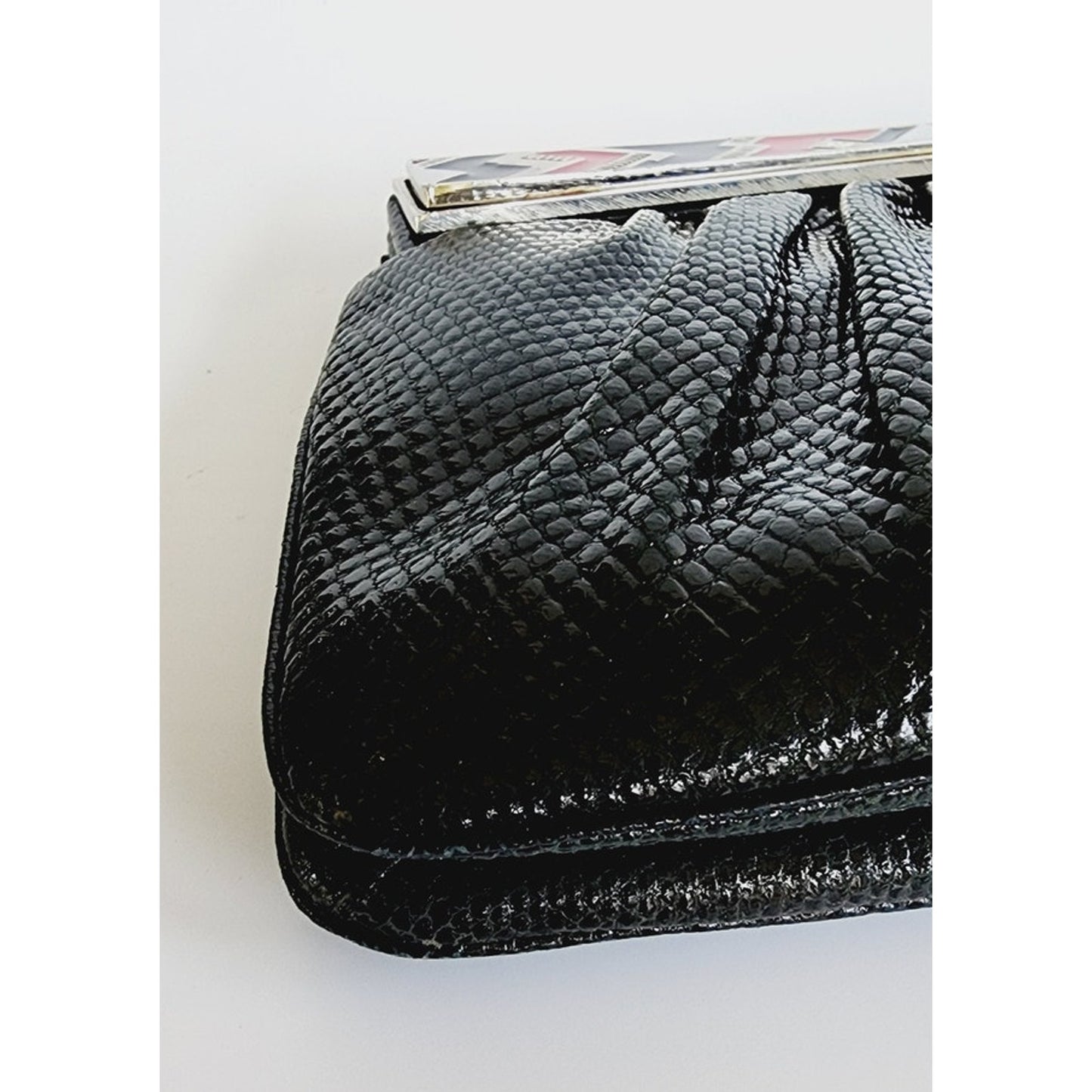 Vintage1980s Judith Leiber Bag Black Lizard w/Enamel Art Deco Panel