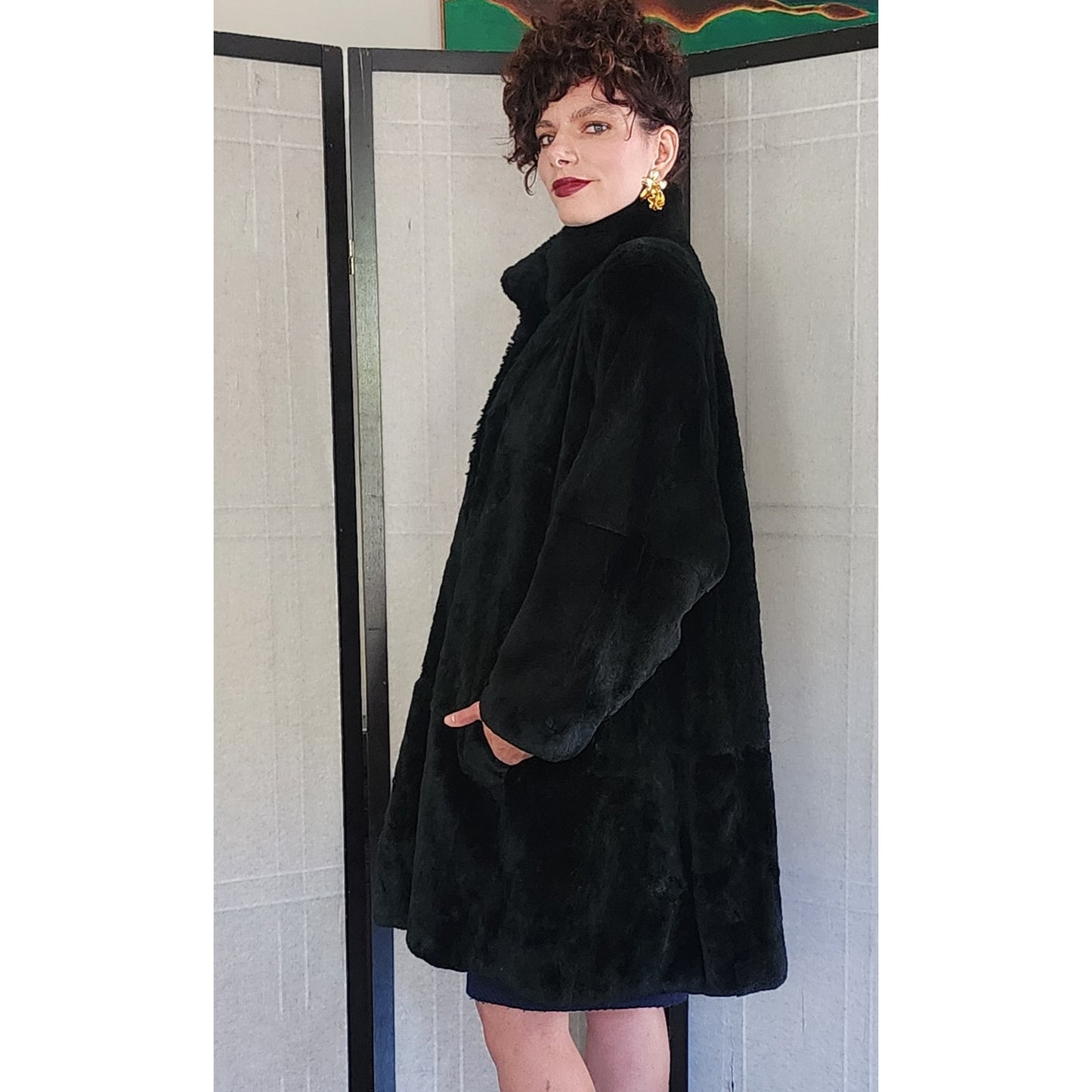 80s Black Rabbit Fur Coat Carole Little for Henri Bendel