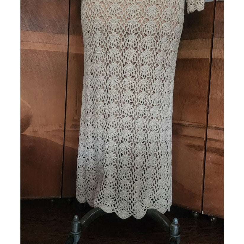 Vintage 1970s Cream Knit Maxi Dress Openwork Crochet Liner Long Sleeved Belted