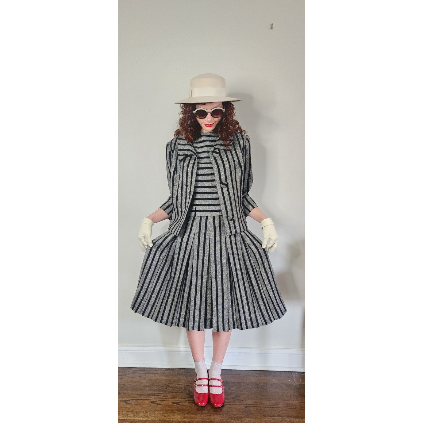Vintage 1960s Sybil Connolly Skirt Suit Gray Black Striped Wool / Small