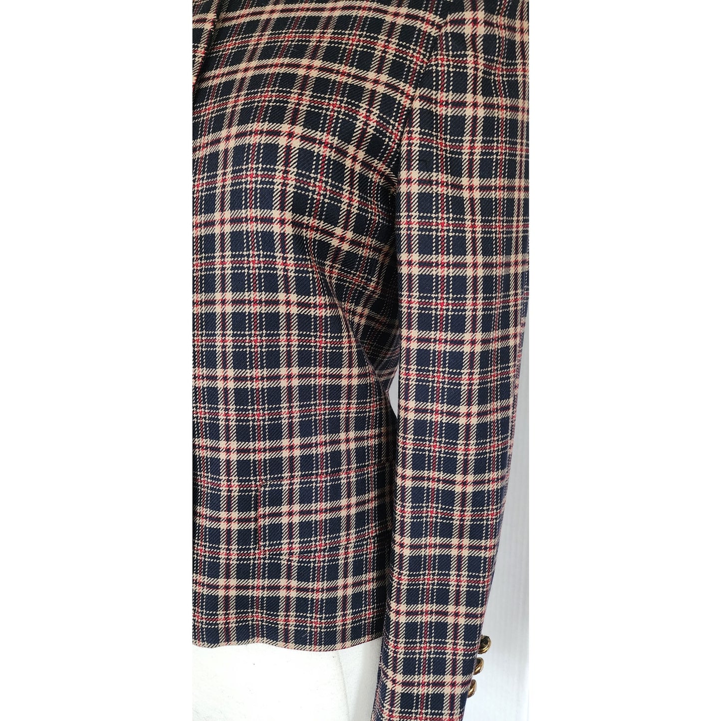 Vintage 80s Jaeger Blazer Navy Blue Brown Plaid Wool Blend