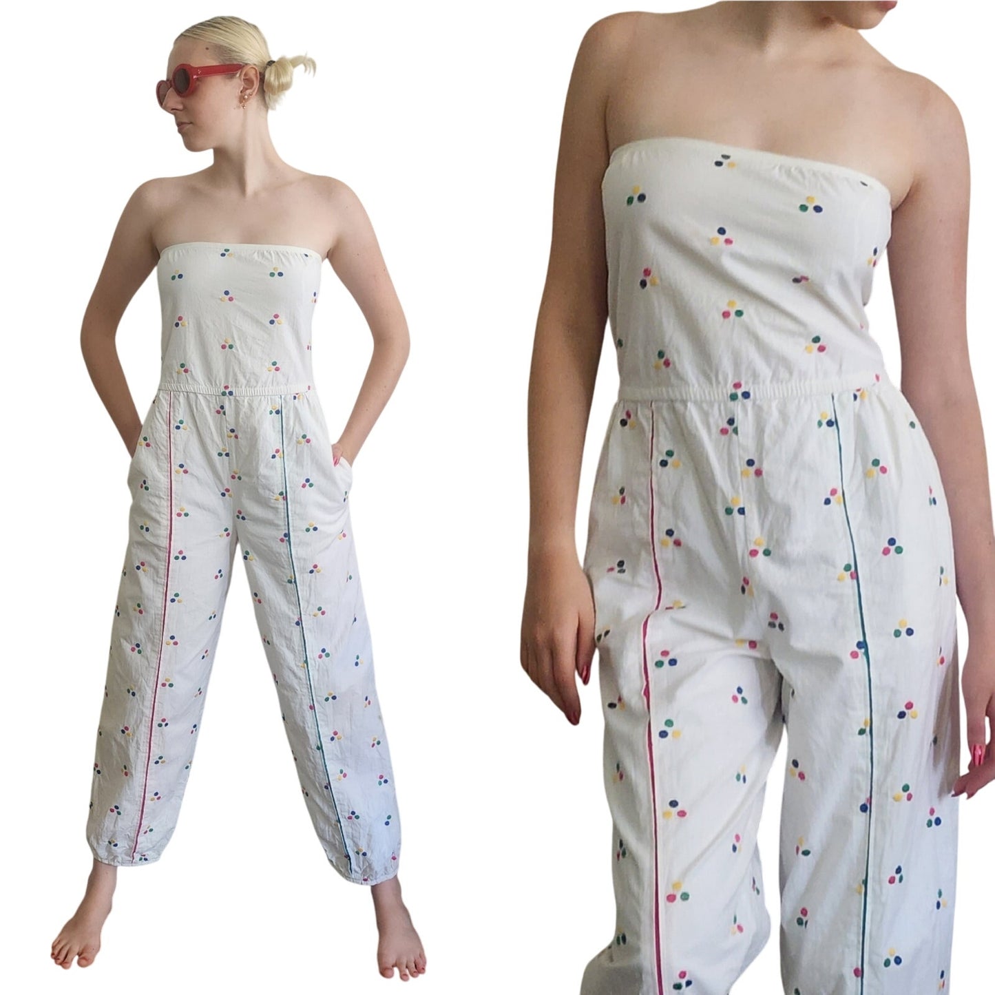 Vintage 1980s Jumpsuit White Cotton Polkadot Print Patti Cappalli / S to M
