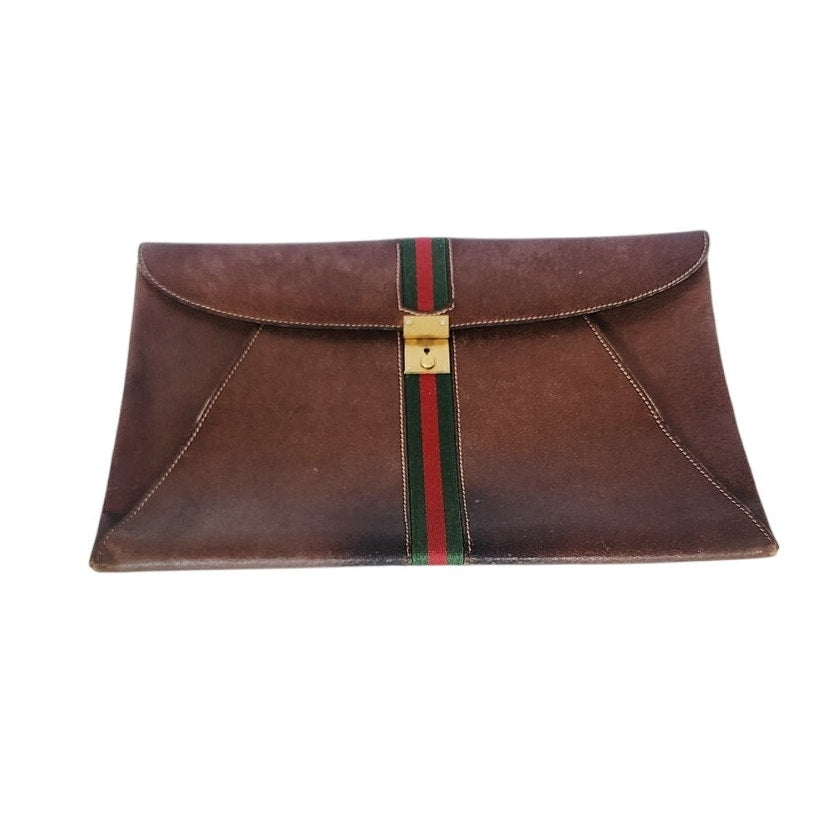 Vintage 1970s Gucci Portfolio Bag Envelope Case Clutch Brown Leather