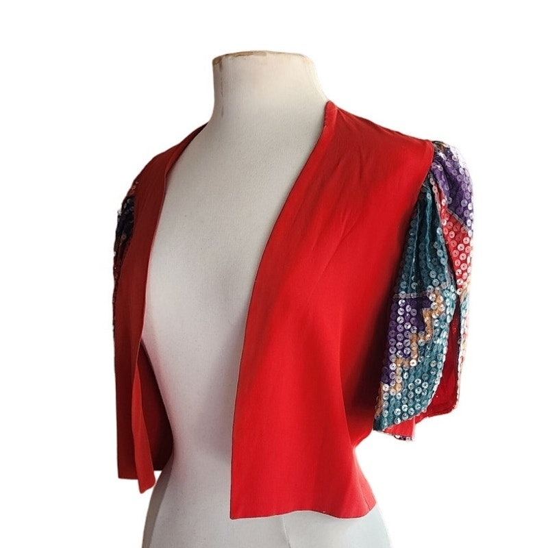 80s Cropped Jacket Red Silk + Sequined Sleees Sansappelle