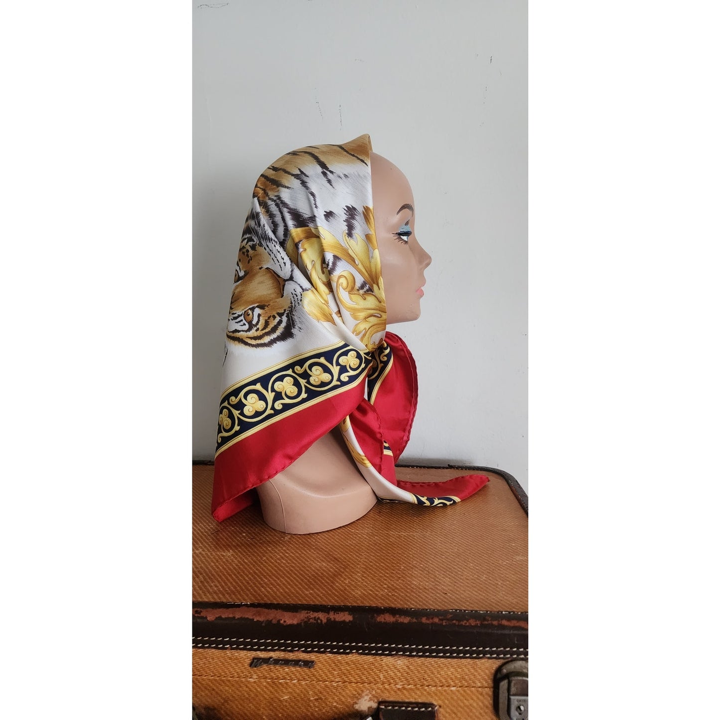 Vintage Ferragamo Silk Scarf Tiger Print Gold Baroque Scroll Print