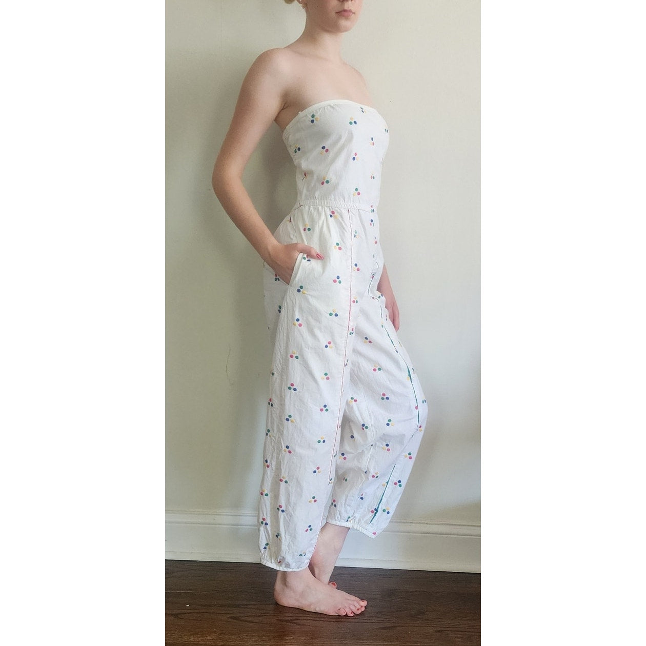 Vintage 1980s Jumpsuit White Cotton Polkadot Print Patti Cappalli / S to M