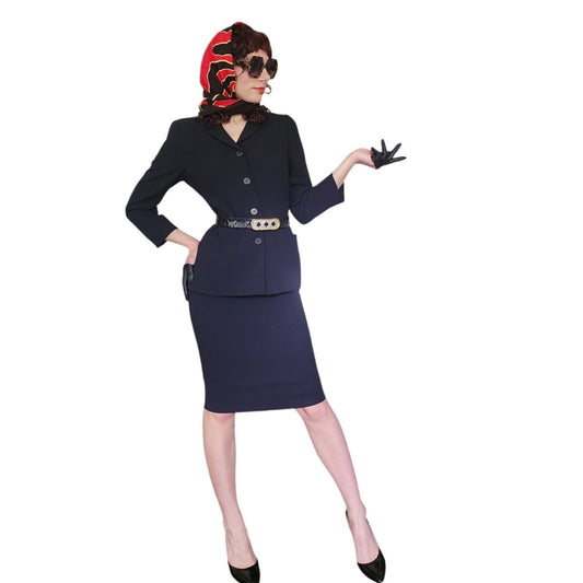 Vintage 1990s Armani Skirt Suit Black or Dark Navy Blue Wool / S