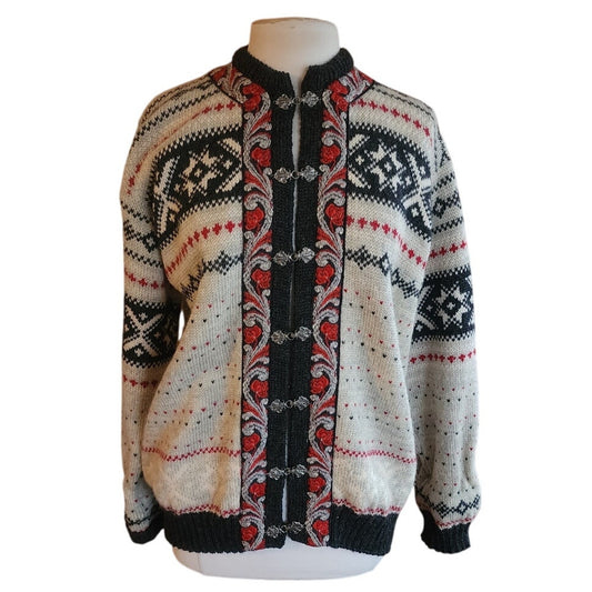 Vintage Nordic Cardign Ski Sweater Voss Knit Snowflake Pattern Norway