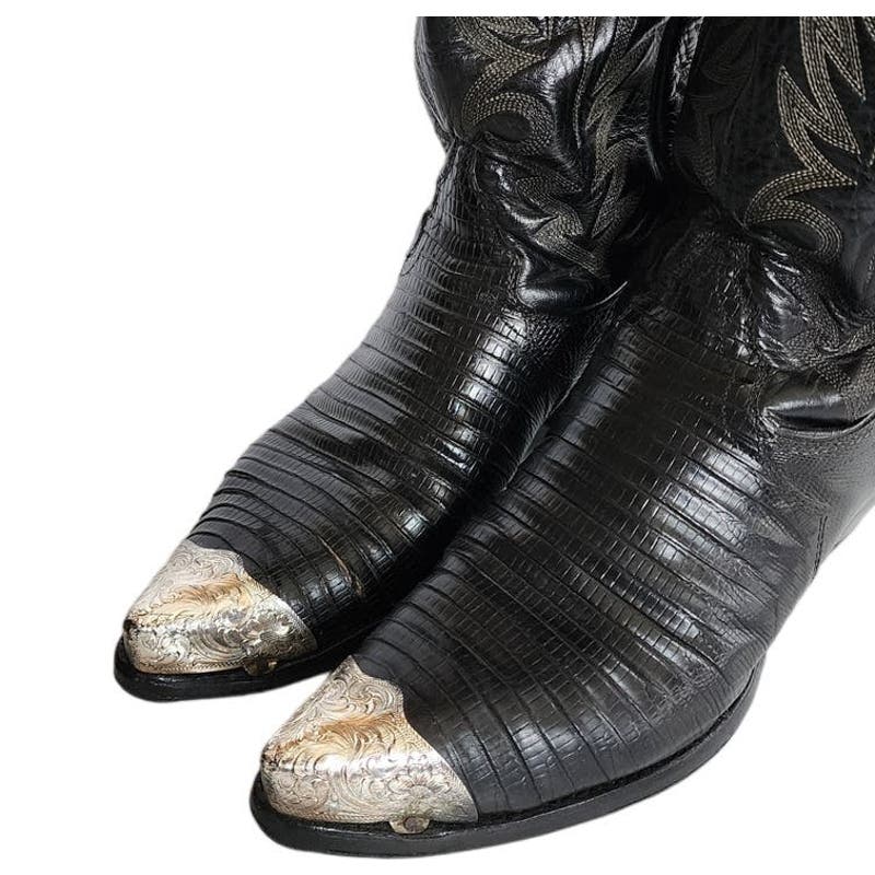 Vintage Ladies Cowboy Boots Tacco Black Tooled Leather Silver Etched Toes Snakeskin