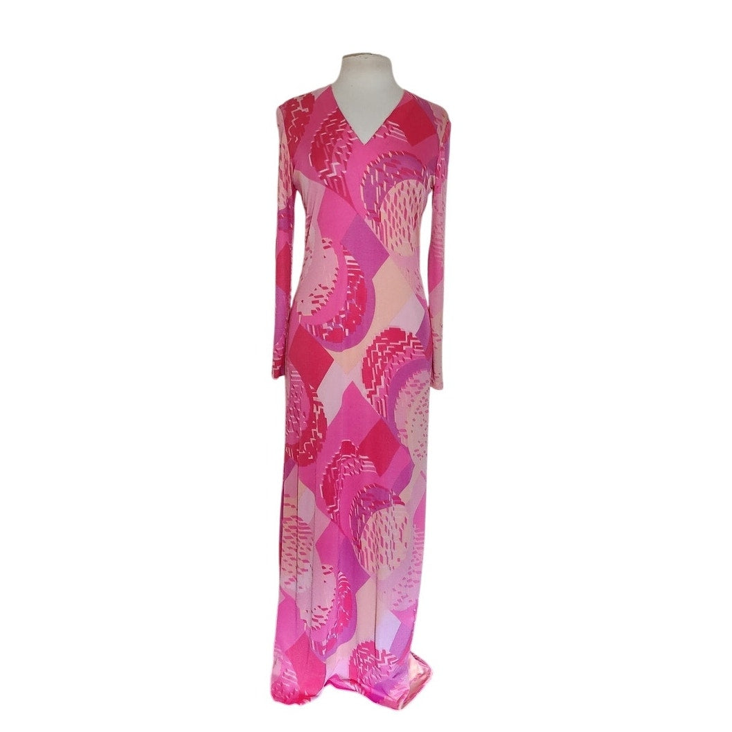 Vintage 1970s Maxi Dress Pink Red Geometric Print Rayon Jersey Stretch