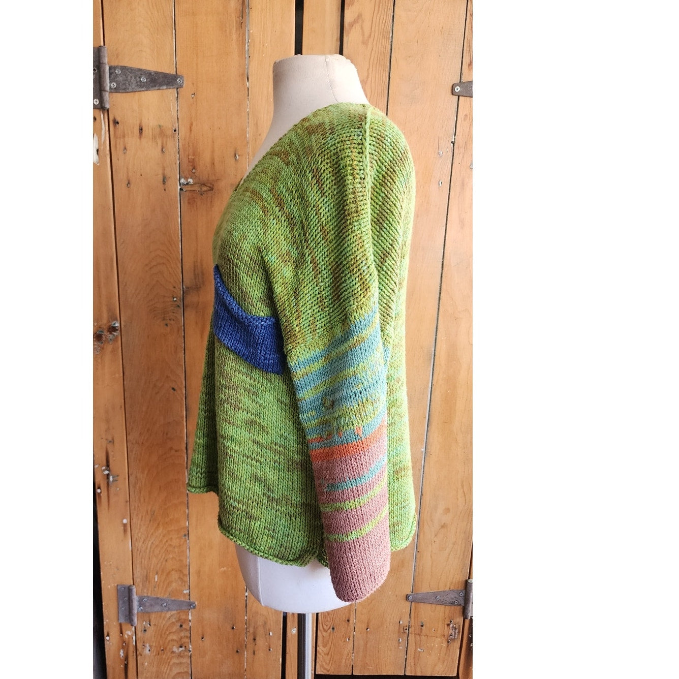 Artisinal Sweater Handknit Cotton Green V Neck w/Pockets / Nonpareil Vita March