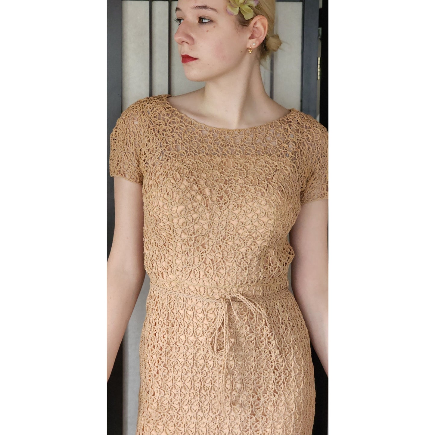 Vintage 50s Ribbon Lace Dress Helen Barbieri Beige Peach