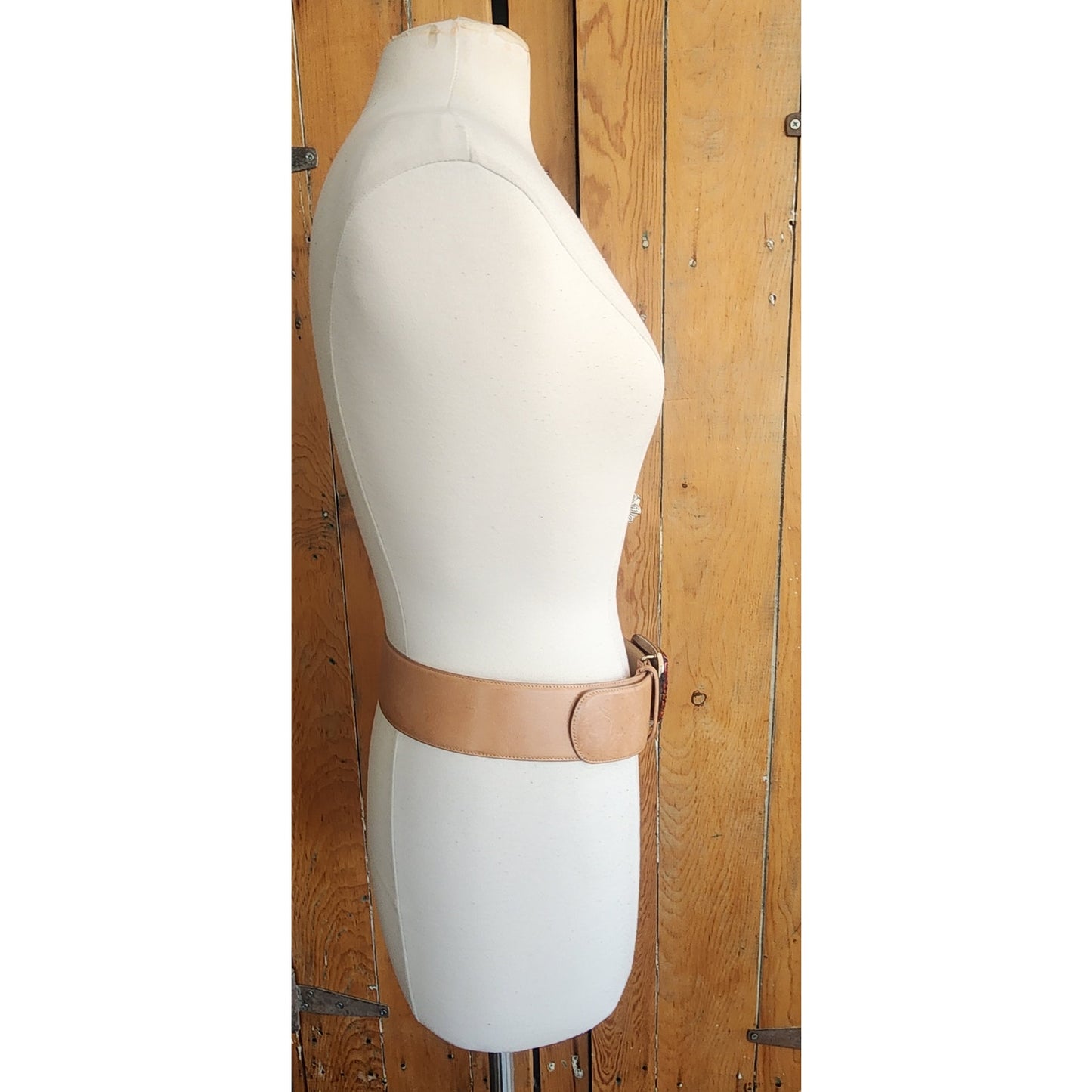 Vintage Armani Belt Beige Leather Carved Red Cinnabar Buckle