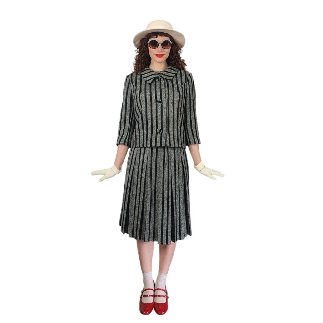 Vintage 1960s Sybil Connolly Skirt Suit Gray Black Striped Wool / Small