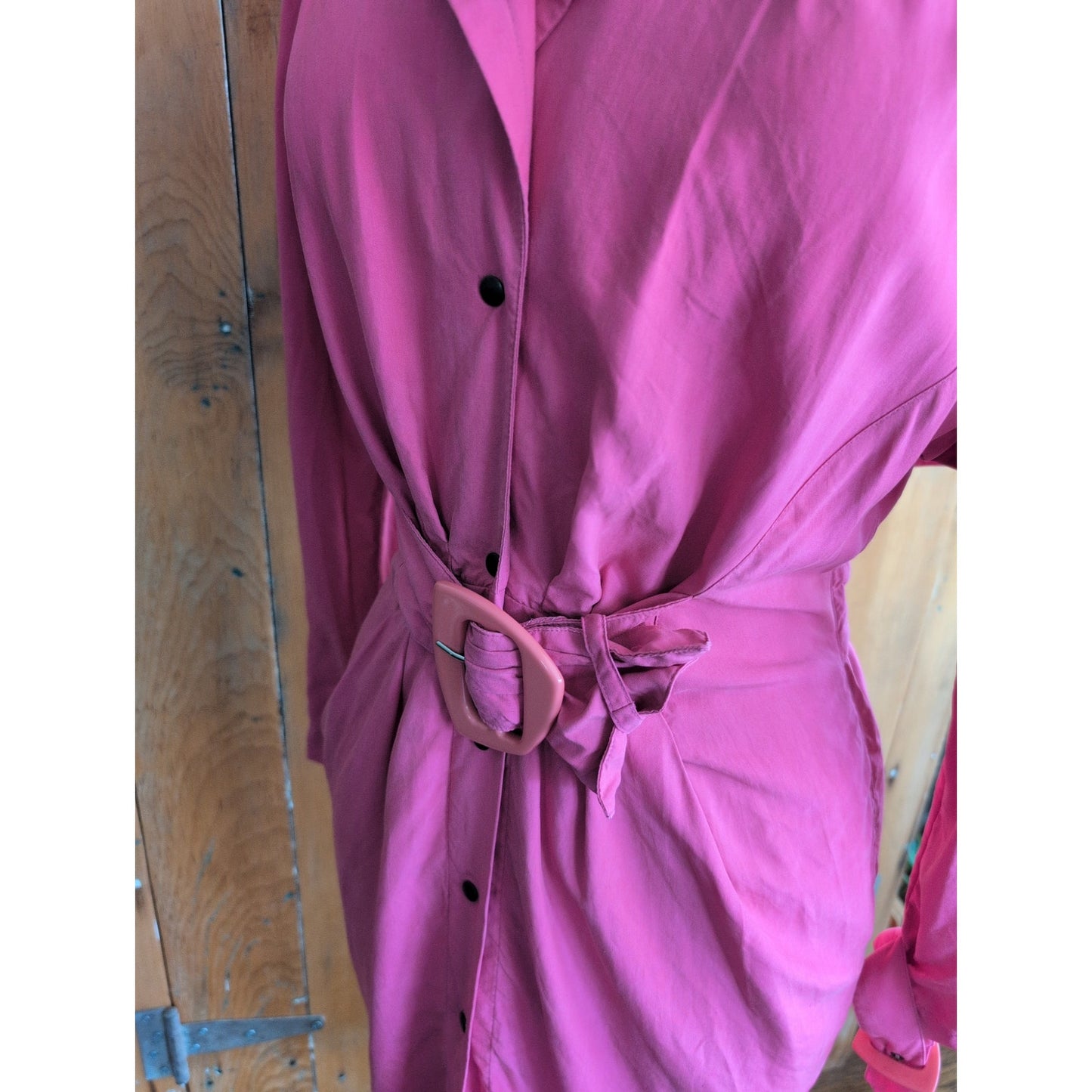 Vintage 80s Pink Silk Dress Long Sleeves Belt & Hood / S