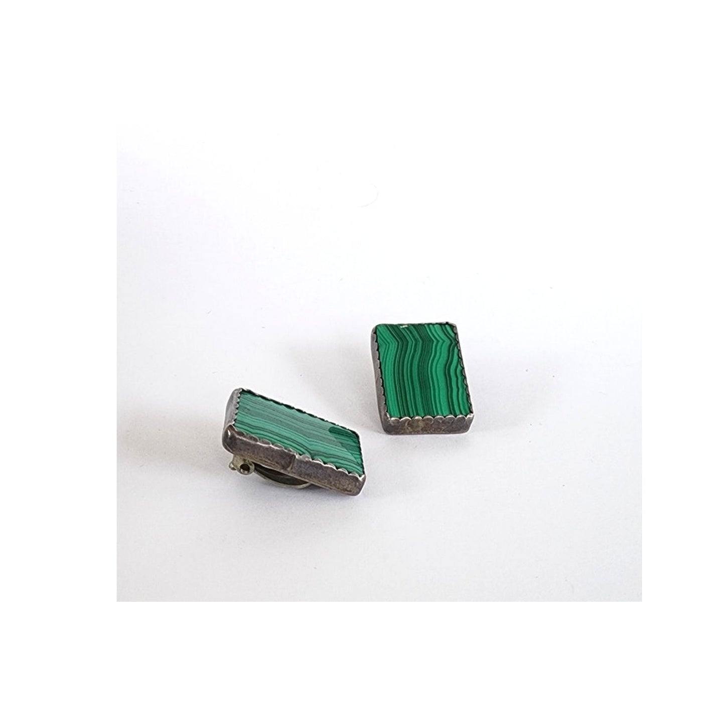 Vintage 90s Malachite Earrings Clips Sterling Silver Stamped CB