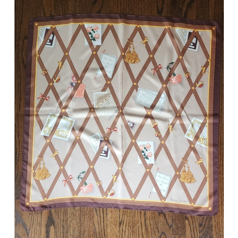Vintage 90s Paloma Picasso Scarf Silk Brown Beige Novelty Print Bulletin Board