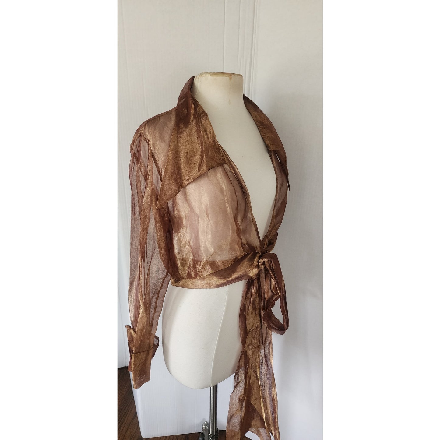 Vintage 90s Sheer Organza Blouse Jacket Copper Brown Sash Tie Belt