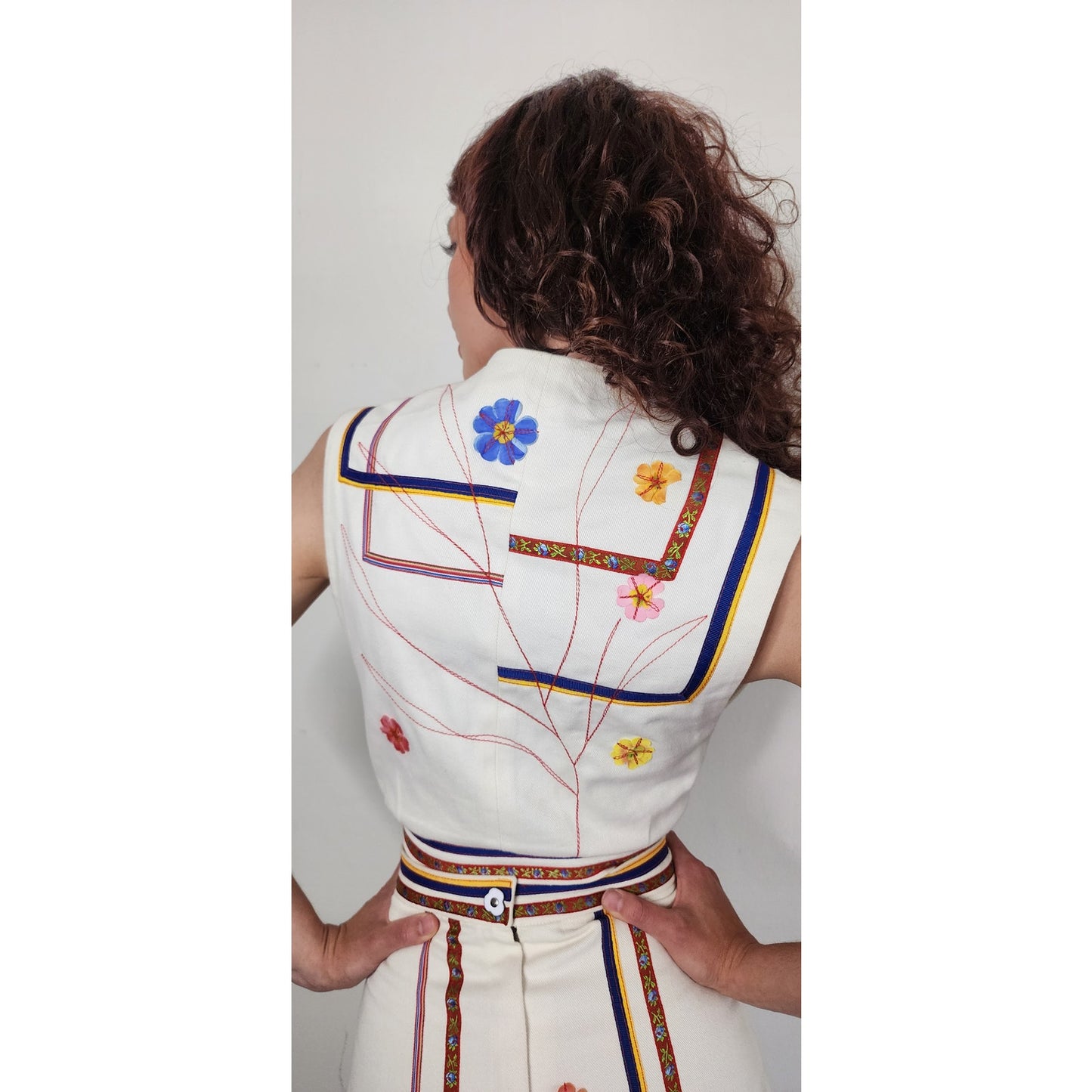 Vintage 1970s Marshall Rouso Skirt + Vest Set in Embroidered Denim / XS