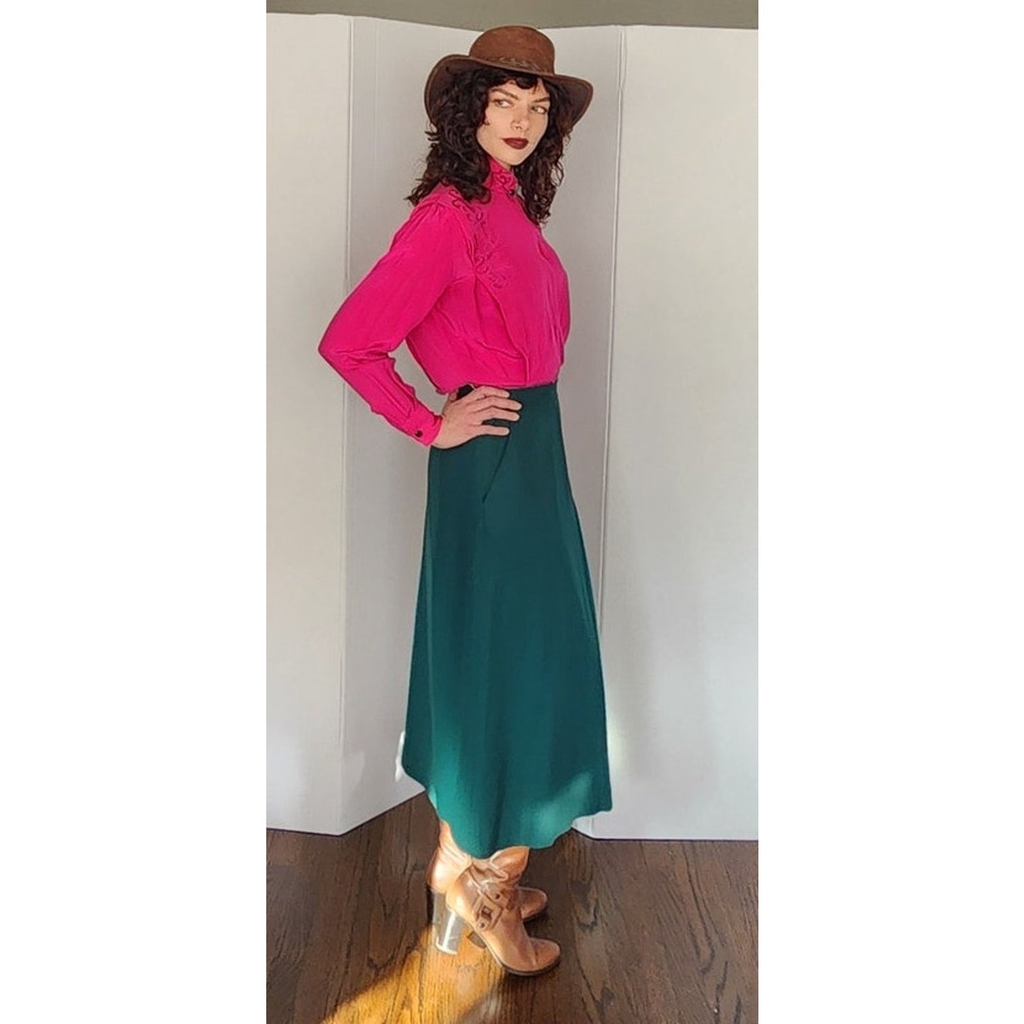 Vintage 70s Dark Green Wool Skirt HIgh Waisted Ankle Length Skyr / Small