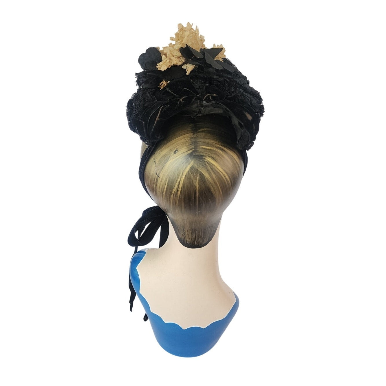 Antique Victorian Hat Black Satin w/Cream Silk Flowers