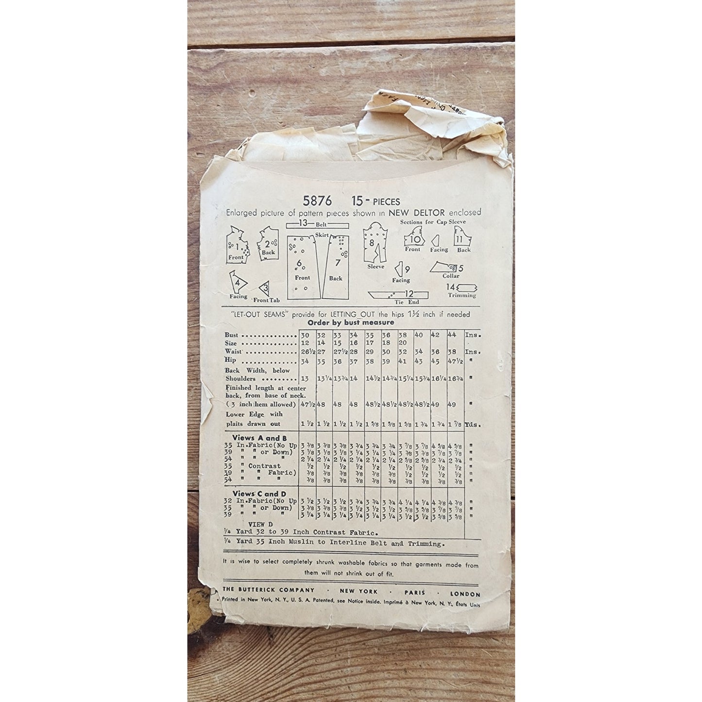 Vintage 1930s ORIGINAL Dress Sewing Pattern: Belted Day Dress Frock Butterick 5876