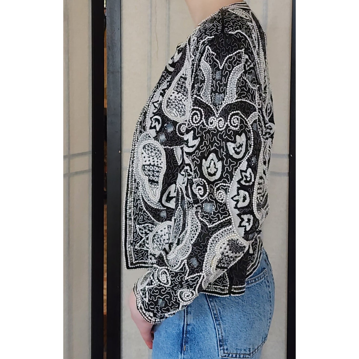 Vintage 80s Beaded Blazer Judith Ann Cropped Jacket Black & White Paisley