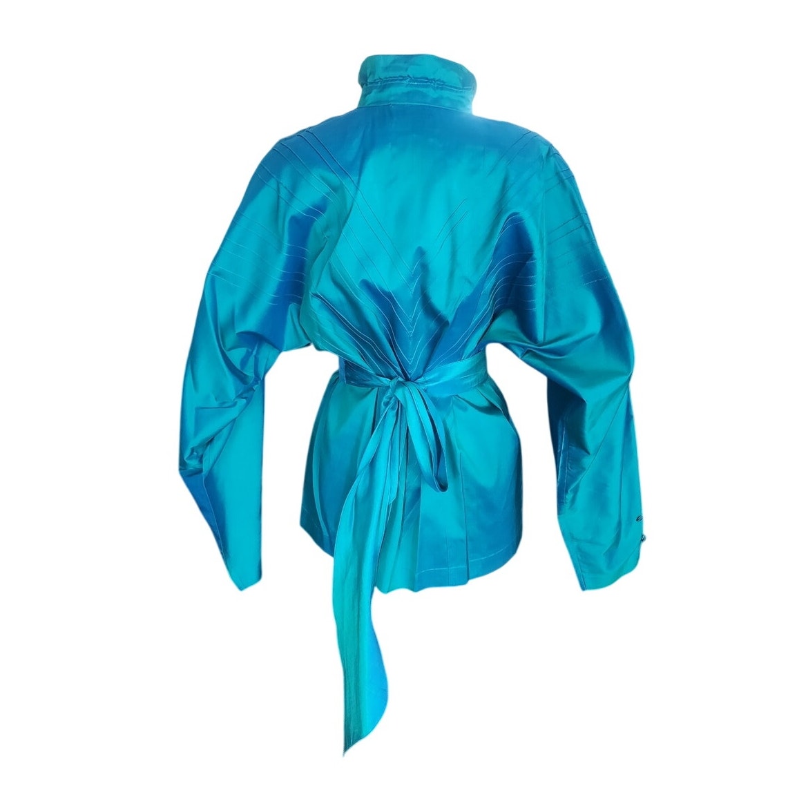 Vintage 80s Silk Blouse Electric Blue w/Pleats and Belt/Pussycat Bow / M