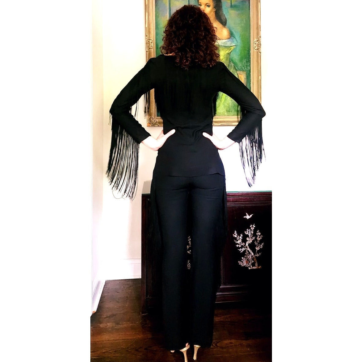 Vintage 70s Fringed Pant Suit Black w/Gold Embroidery by Climax / S