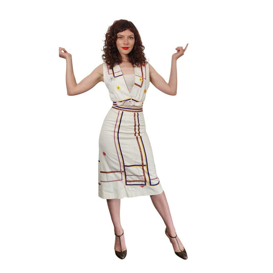 Vintage 1970s Marshall Rouso Skirt + Vest Set in Embroidered Denim / XS