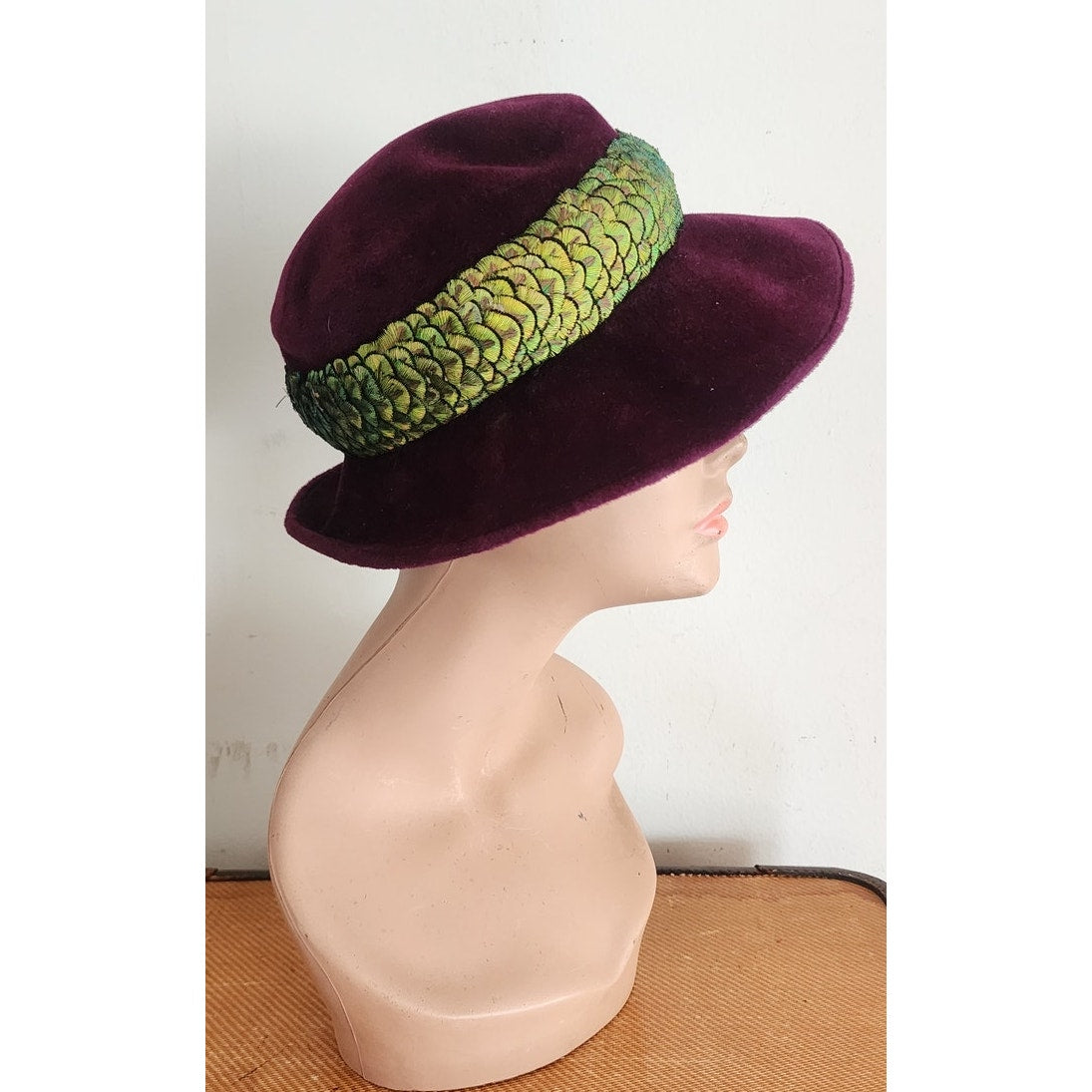 Vintage 60s Purple Velvet Hat Fedora w/Green Feathers by Paulette