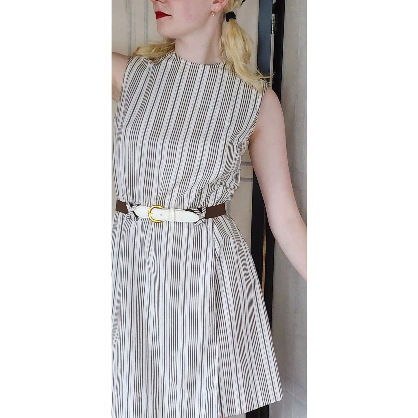 Vintage 60s Striped Romper Beige Black Belted