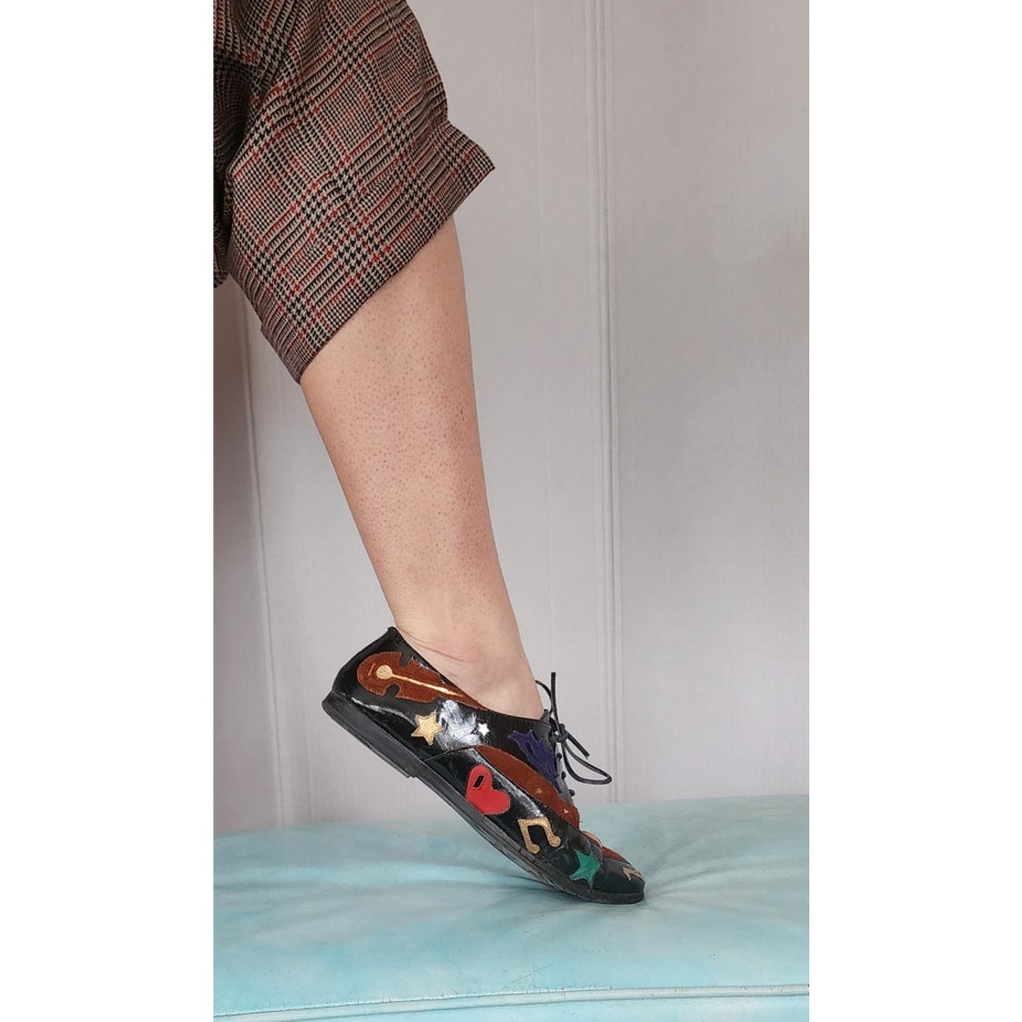 Vintage 90s Lace Up Shoes w/Graphicl Patchwork Music Notes Guitar Hearts Stars Lips Abstrax