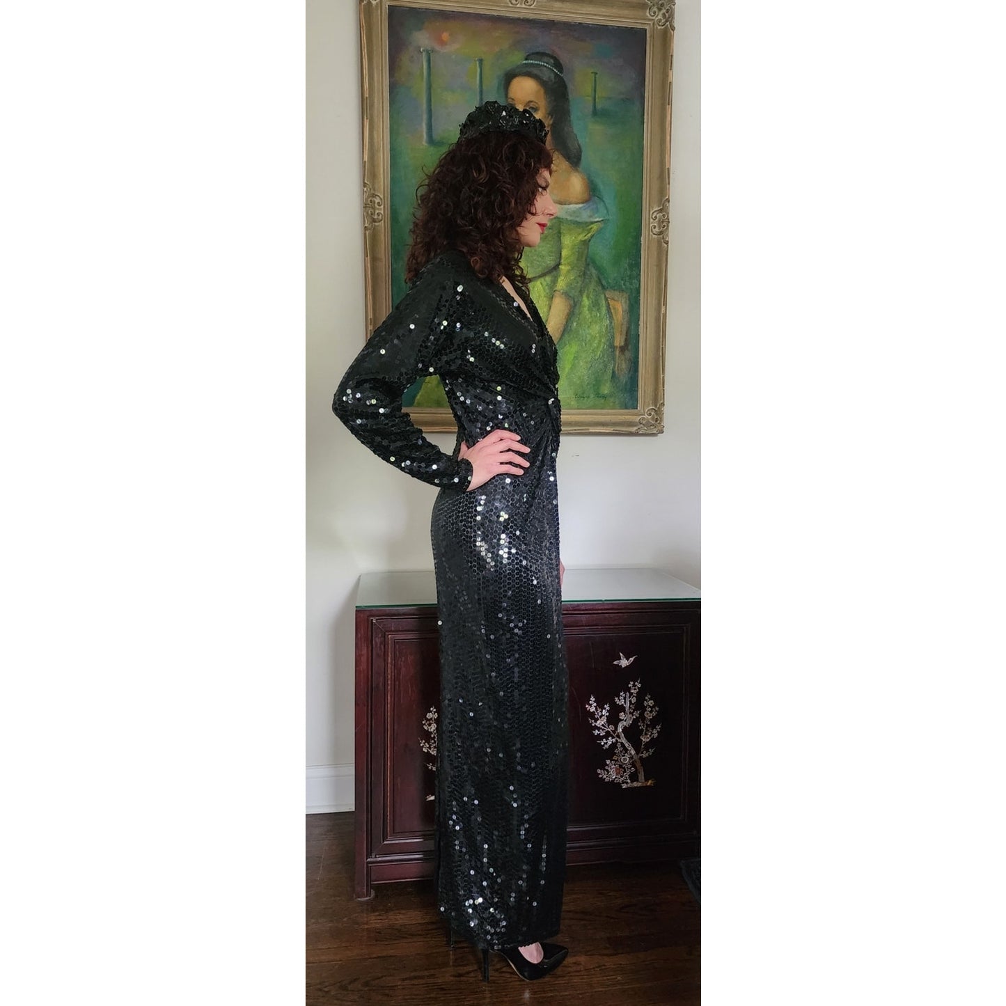 Vintage 1980s Black Sequined Evening Dress Oleg Cassini / M