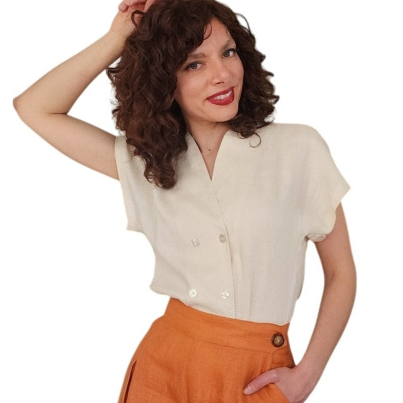 Vintage 90s Linen Blouse Short Sleeved Cream Linen / S