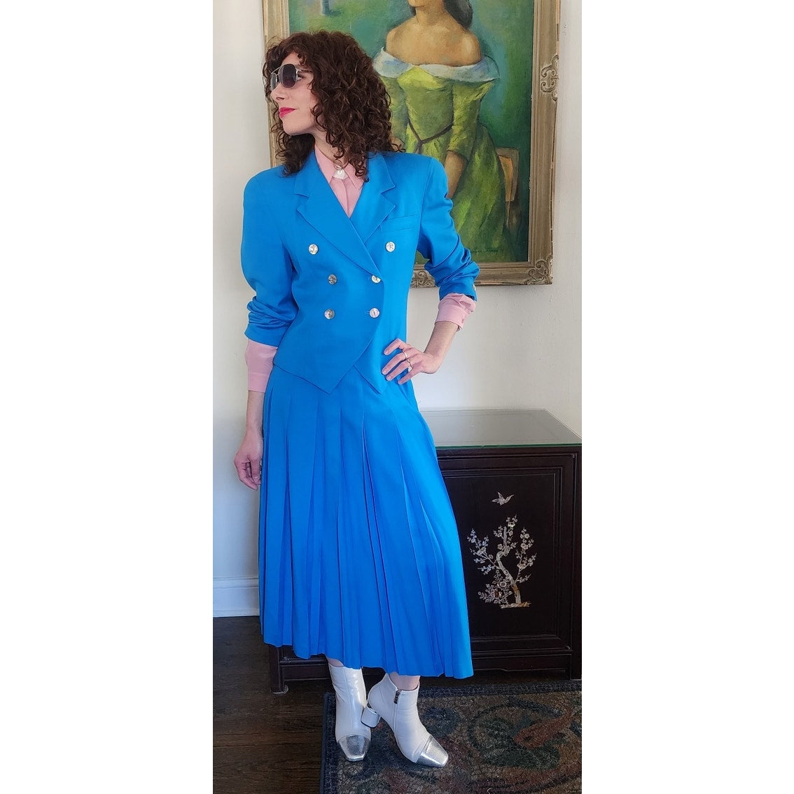 Vintage 80s Christian Dior Skirt Suit Turquoise Blue Wool Pleated Skirt / M