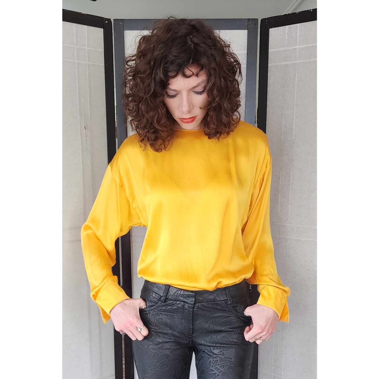 90s Yellow Silk Blouse Tasseled Hip Scarf Laurel