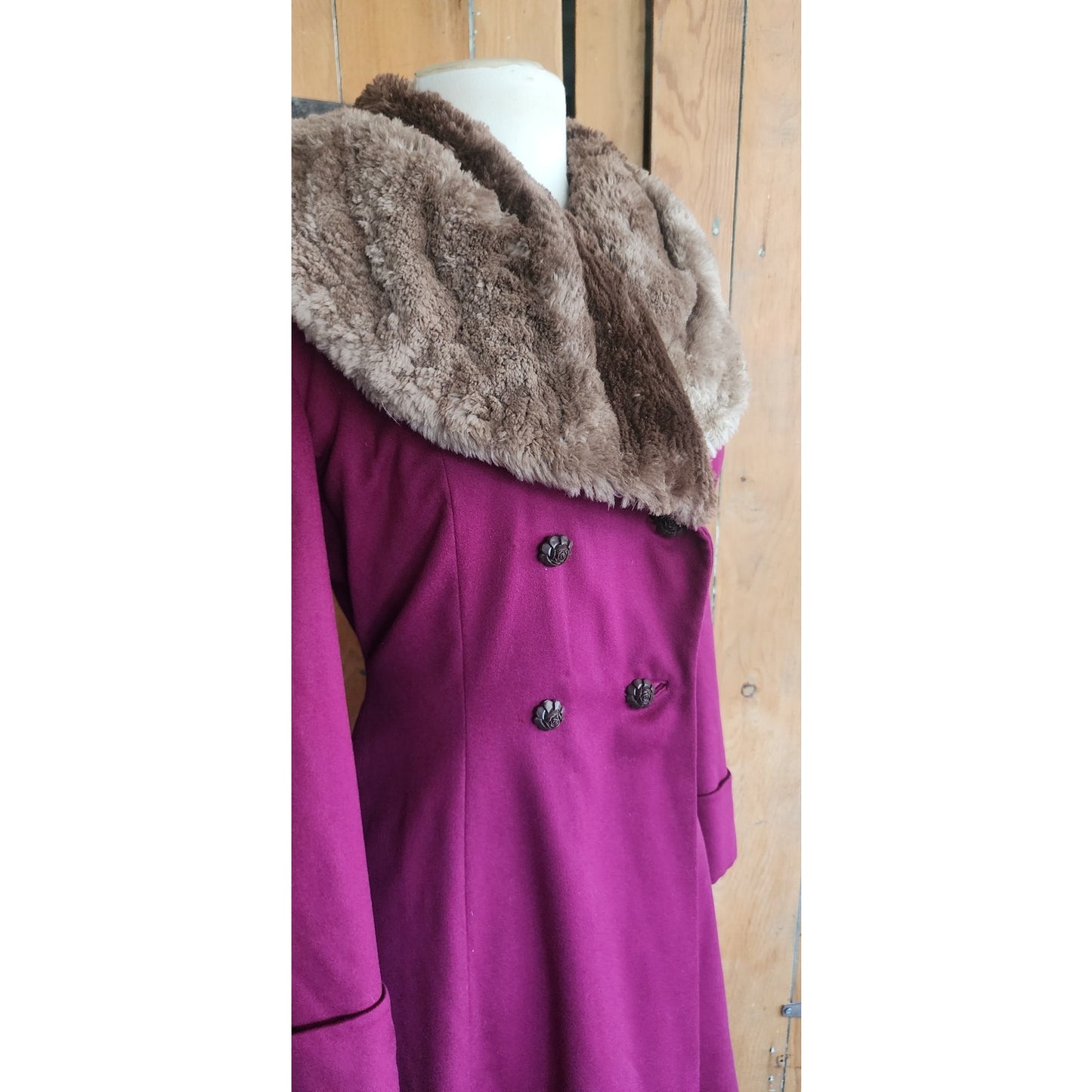 Vintage 1940s Purple Wool Princess Coat Sheared Beaver Fur Collar Double Breasted