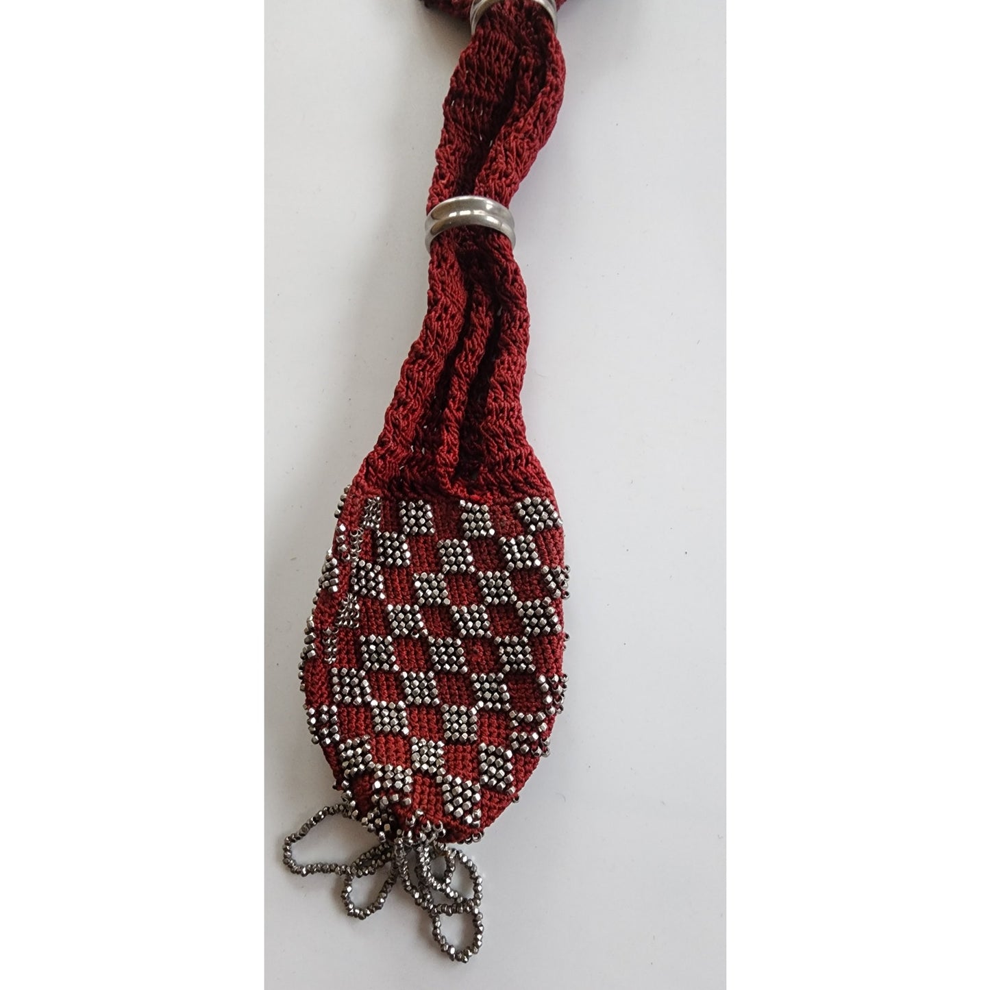 Antique Victorian Hand Bag Beaded Miser's Purse Burgundy Red Steel Beads Crochet
