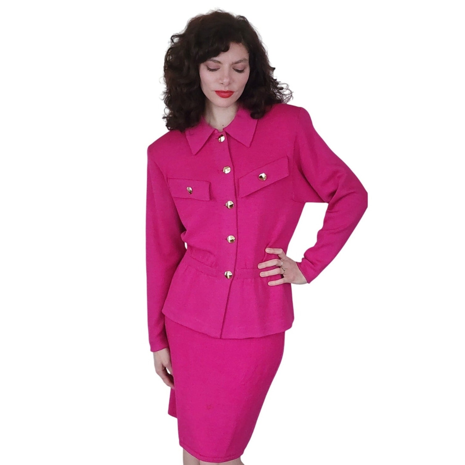 Vintage 80s St John Knit Skirt Suit Hot Pink Fuschia Santana Wool
