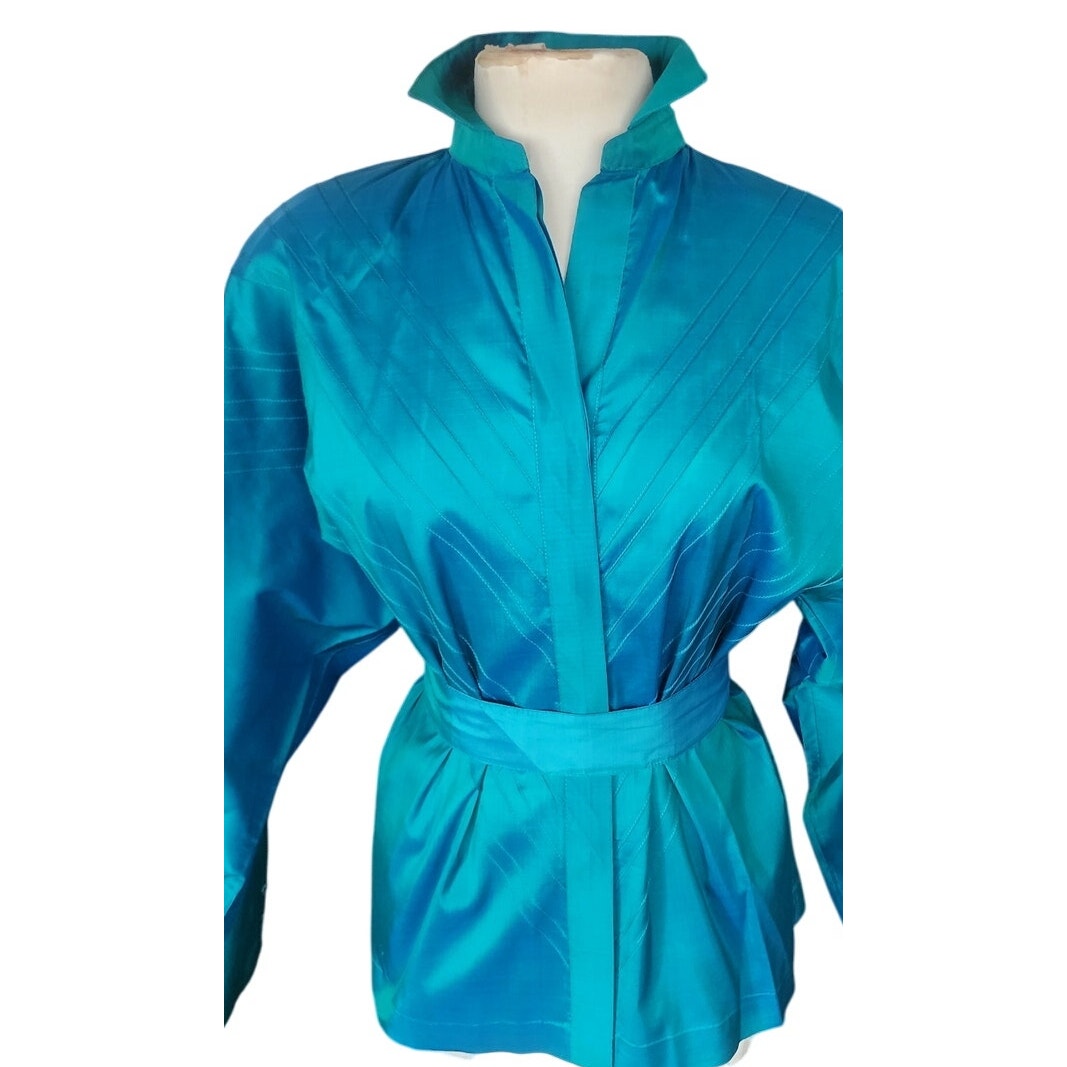 Vintage 80s Silk Blouse Electric Blue w/Pleats and Belt/Pussycat Bow / M