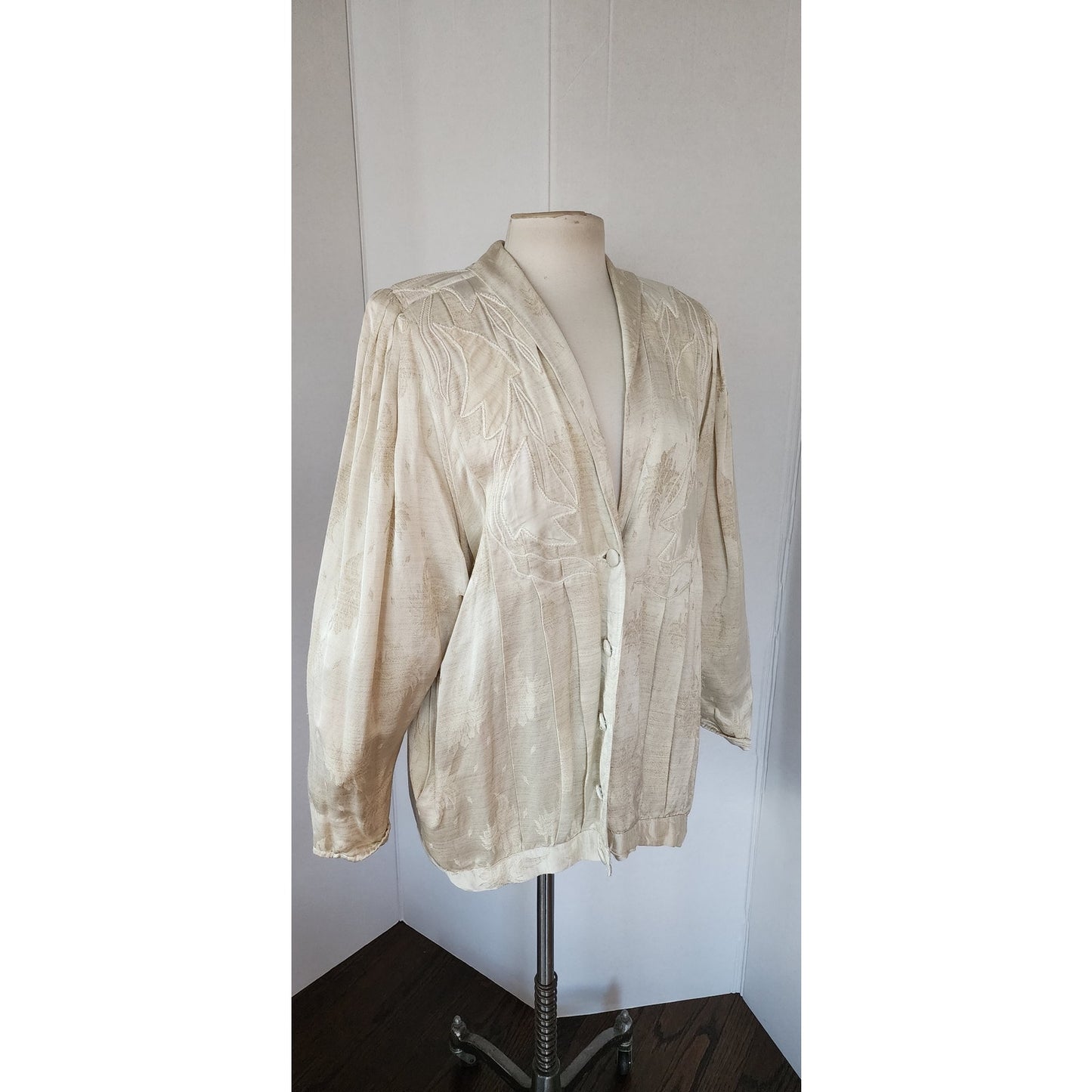 Vintage 80s Cream Blazer Oversized Artisinal Jacket w/Applique by Marilu / L