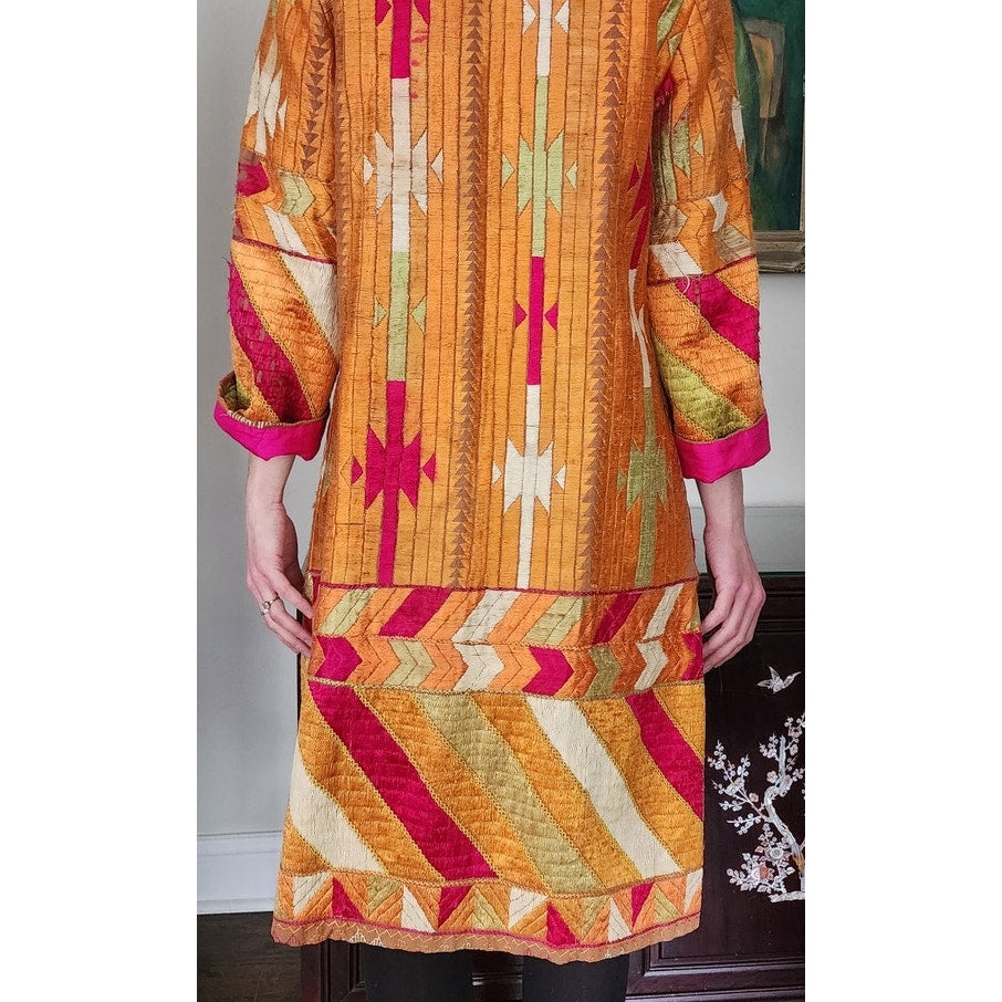 Antique Silk Patchwork Coat Artistinal Boho Gold Fuschia Folk Geometric