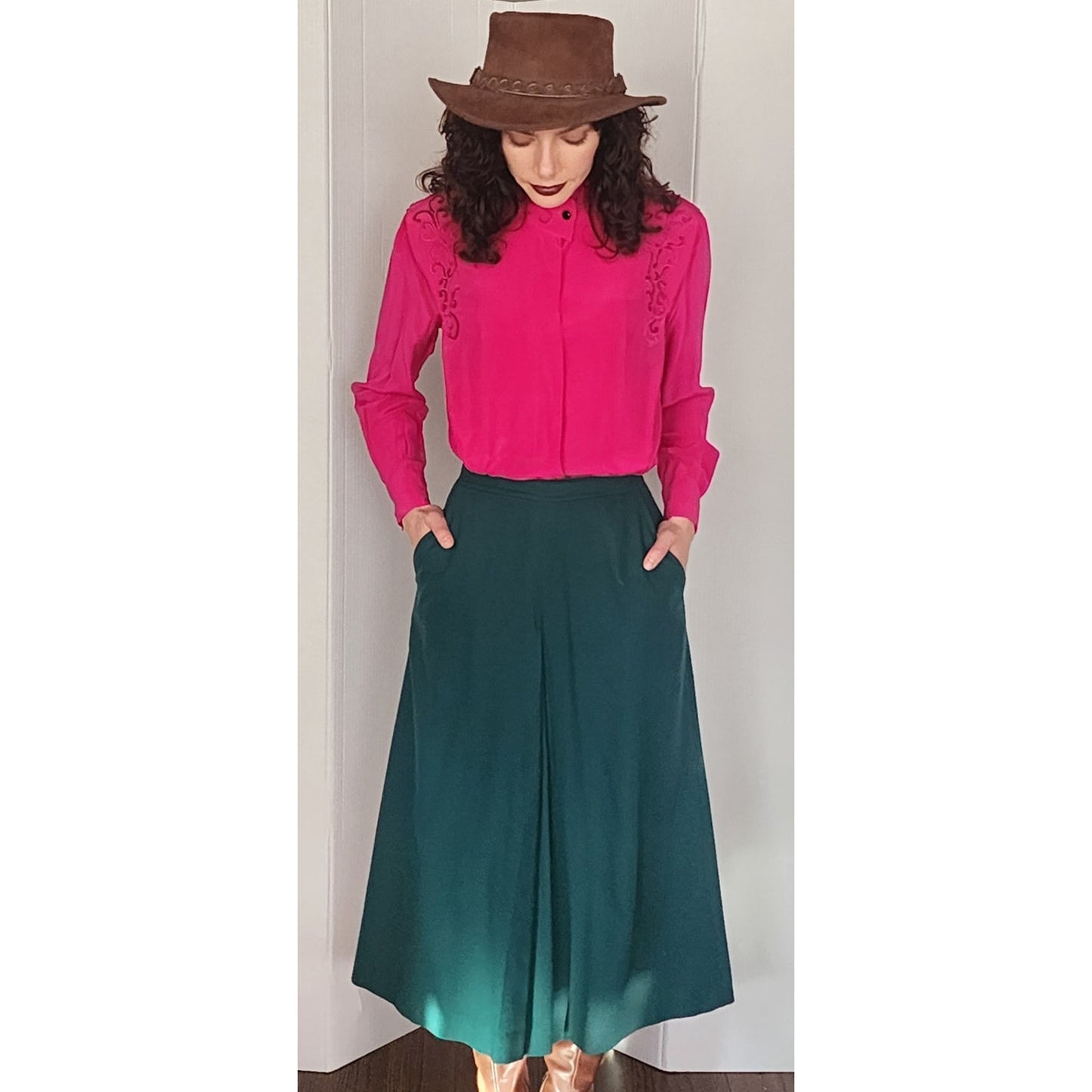 Vintage 70s Dark Green Wool Skirt HIgh Waisted Ankle Length Skyr / Small