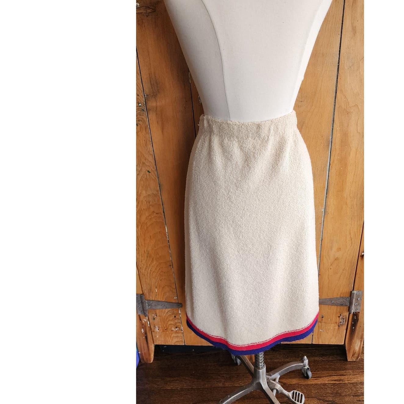 Vintage 60s Adolfo Skirt Suit Cream Blue Red Knit in Chanel Style