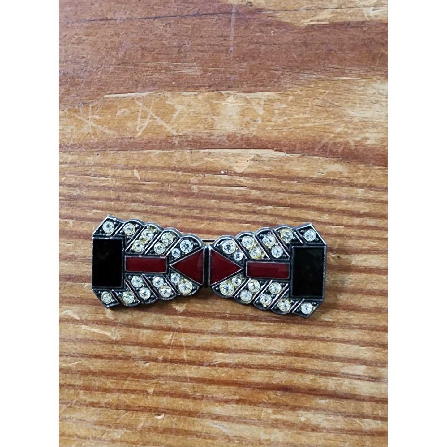 Vintage 30s Brooch Art Deco Bow Tie Pin Enamel & Rhinestone