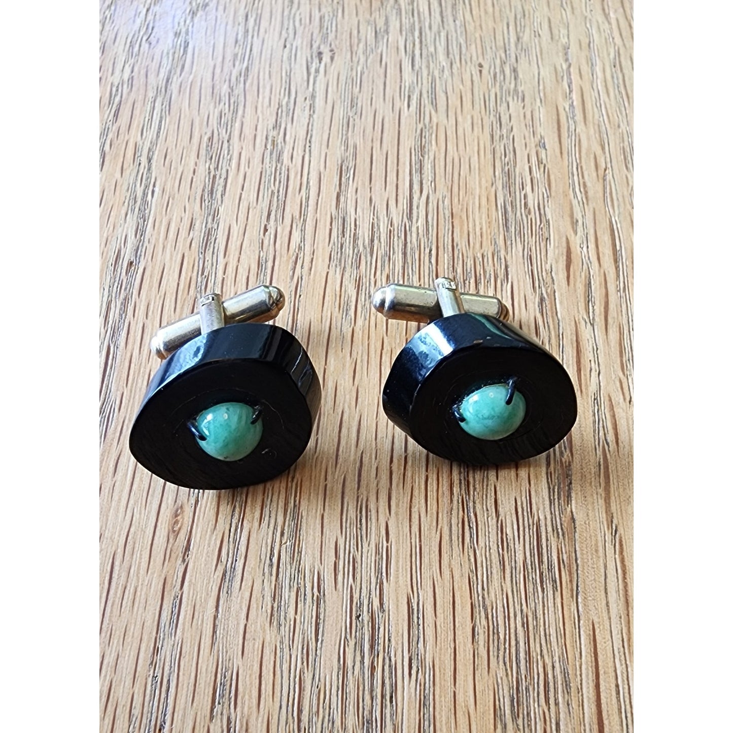 Vintage 50s Cufflinks Hawaiian Black Coral Jade 12K Gold Filled