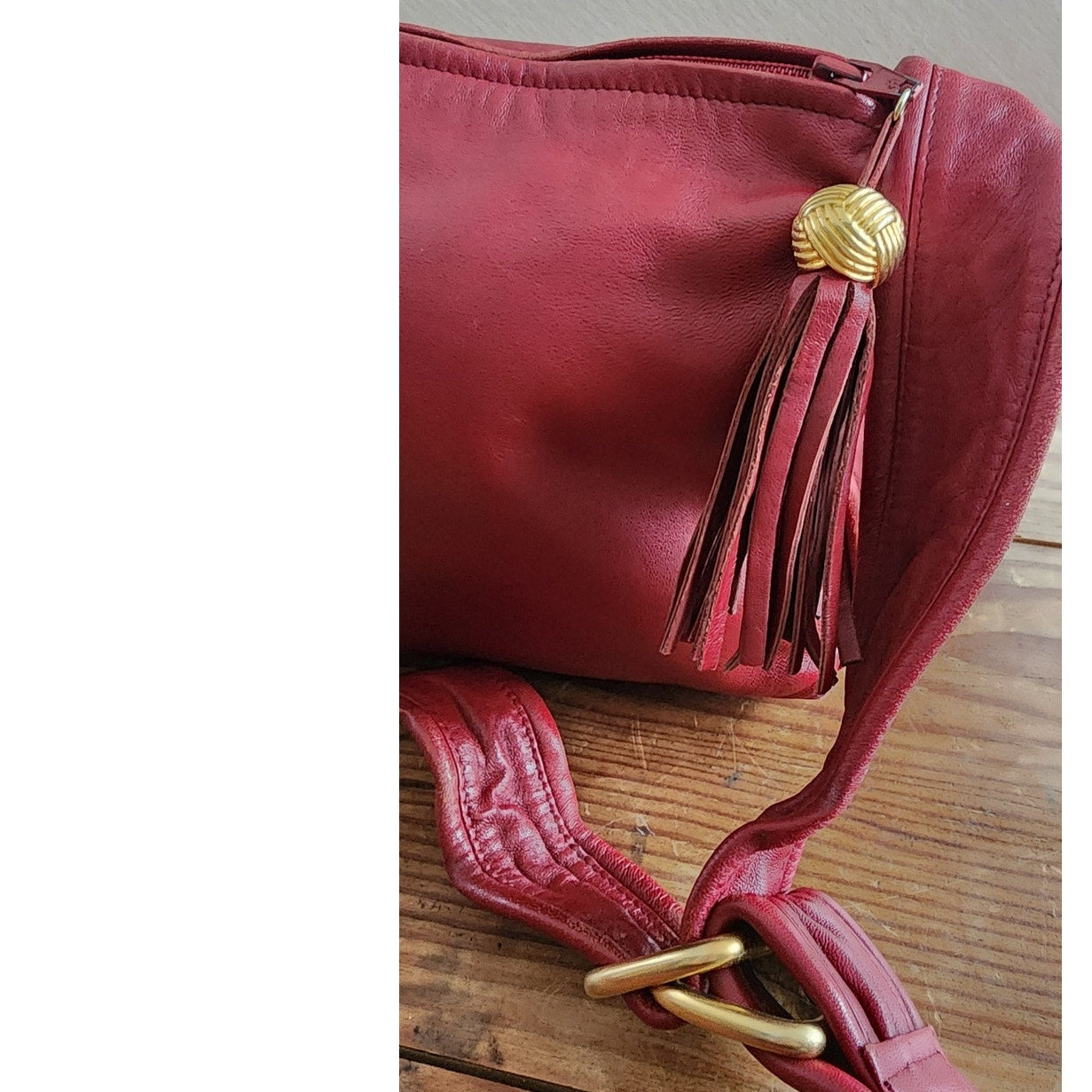 80s Red Leather Shoulder Bag Anne Klein Gold Tassel